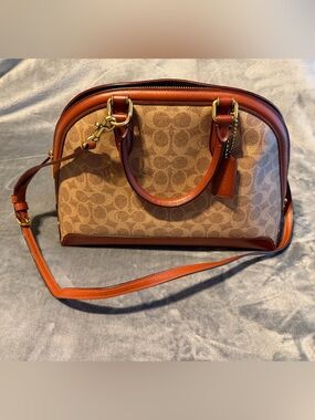 Coach Tan Signature Canvas Dome Satchel with Brown Leather Trim
